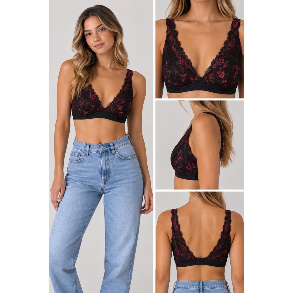 Cosabella Lace Bralette Womens Size M Black Red Floral Wireless Plunge Soft Cup